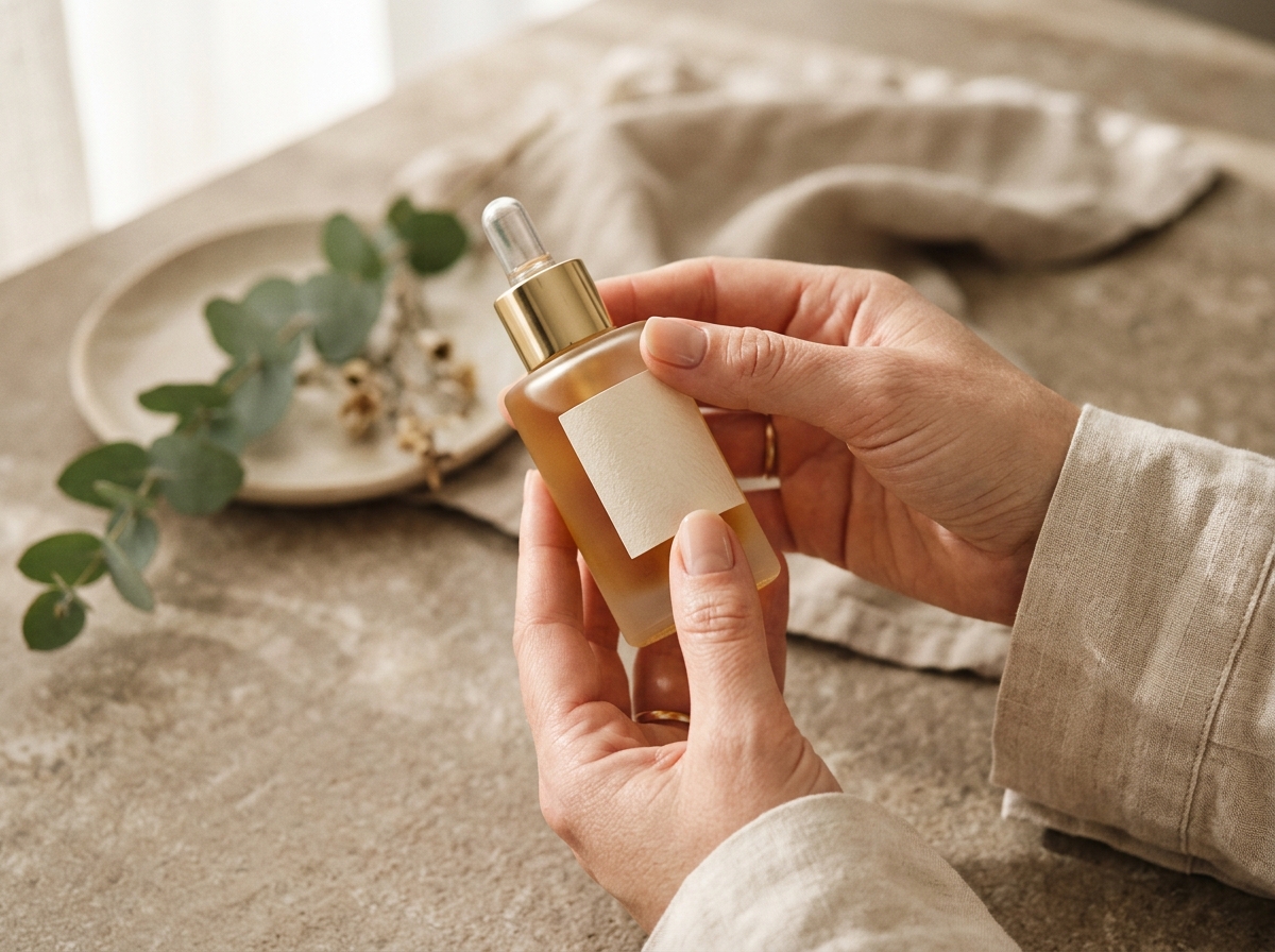 Aesthetician handling clinical skincare serum with care
